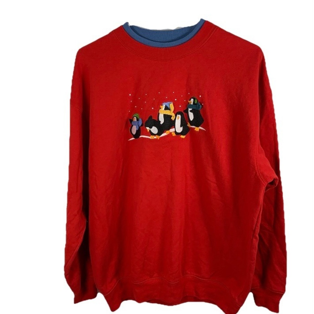 Vintage Red Sweatshirt Embroidered Penguins Women Sz L Winter Christmas Holiday